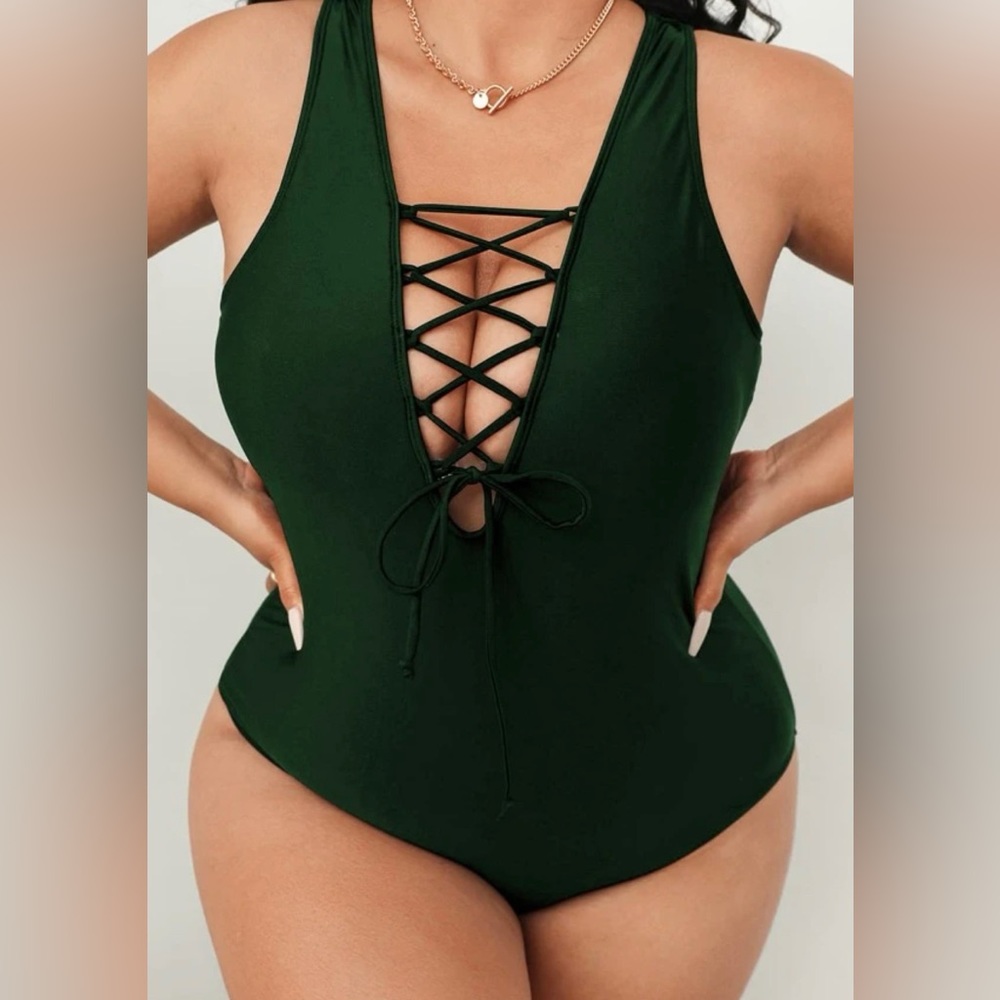 Dark green lace up swimsuit 3X new